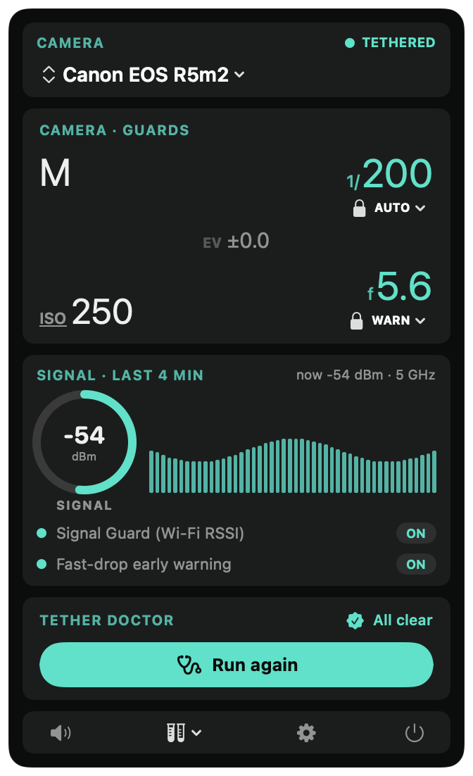 Capture Companion dashboard — camera HUD, signal sparkline, tether doctor.